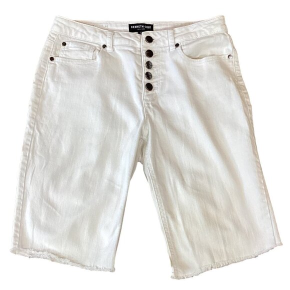 Kenneth Cole Cut-off Raw Hem Button-Up Denim Bermuda Shorts Sz 4 White 284C - Picture 1 of 11